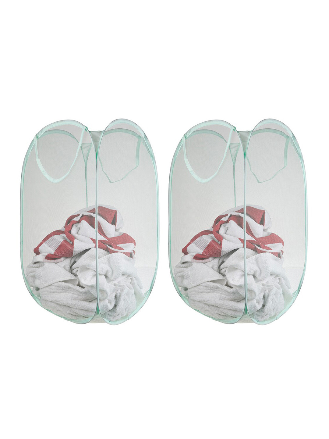 Kuber Industries 2 Pc Light Green Nylon Net  Foldable  Laundry Baskets With Handle