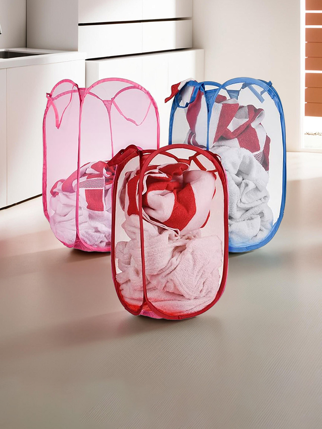 Kuber Industries 2 Pc Red Nylon Net Lightweight & Foldable  Laundry Baskets With Handle