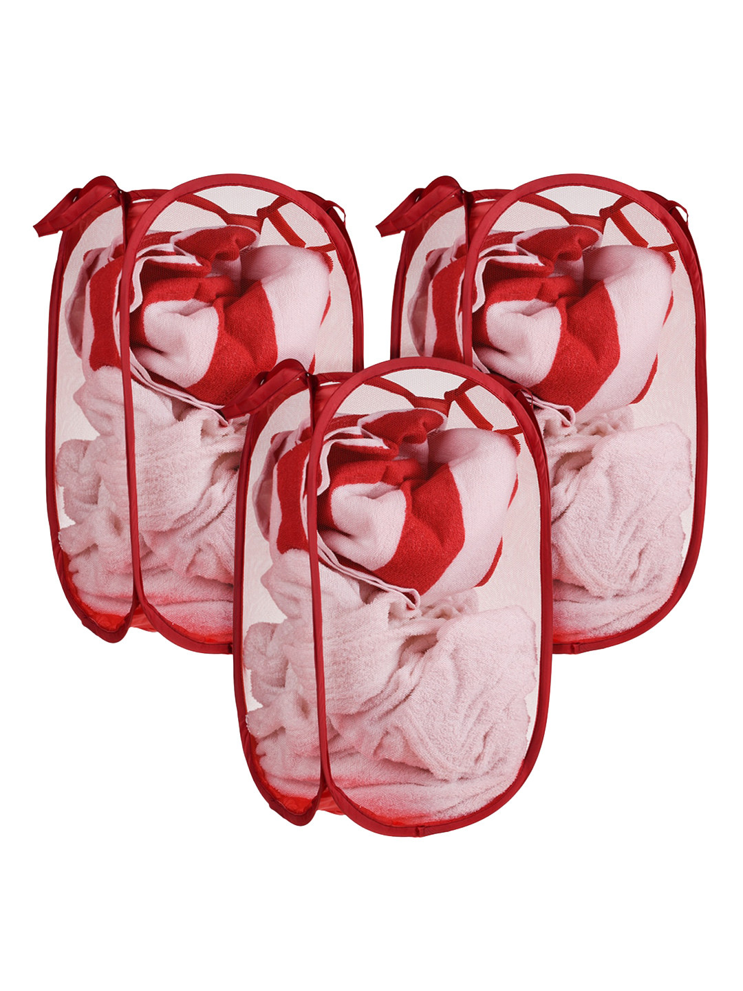 Kuber Industries 3 Pc Red Nylon Net Lightweight & Foldable  Laundry Baskets With Handle