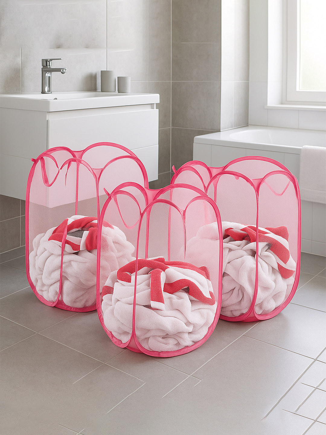 Kuber Industries 3 Pcs Nylon Net Lightweight & Foldable Laundry Baskets With Handle