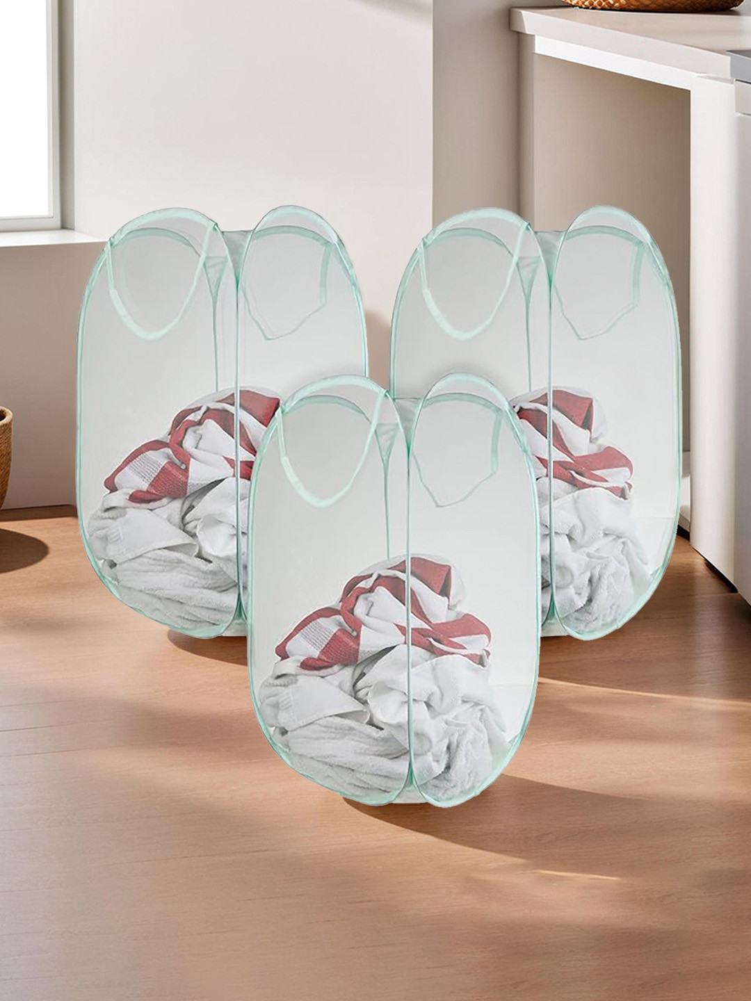 Kuber Industries 3 Pc Pink Nylon Net Lightweight & Foldable  Laundry Baskets With Handle