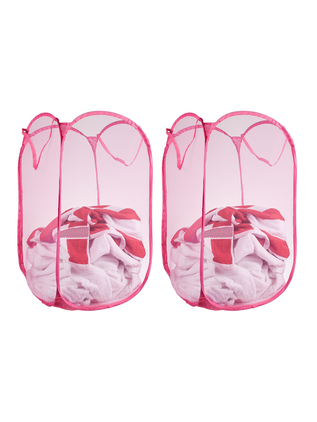 Kuber Industries 2 Pc Pink Nylon Net Lightweight & Foldable  Laundry Baskets With Handle