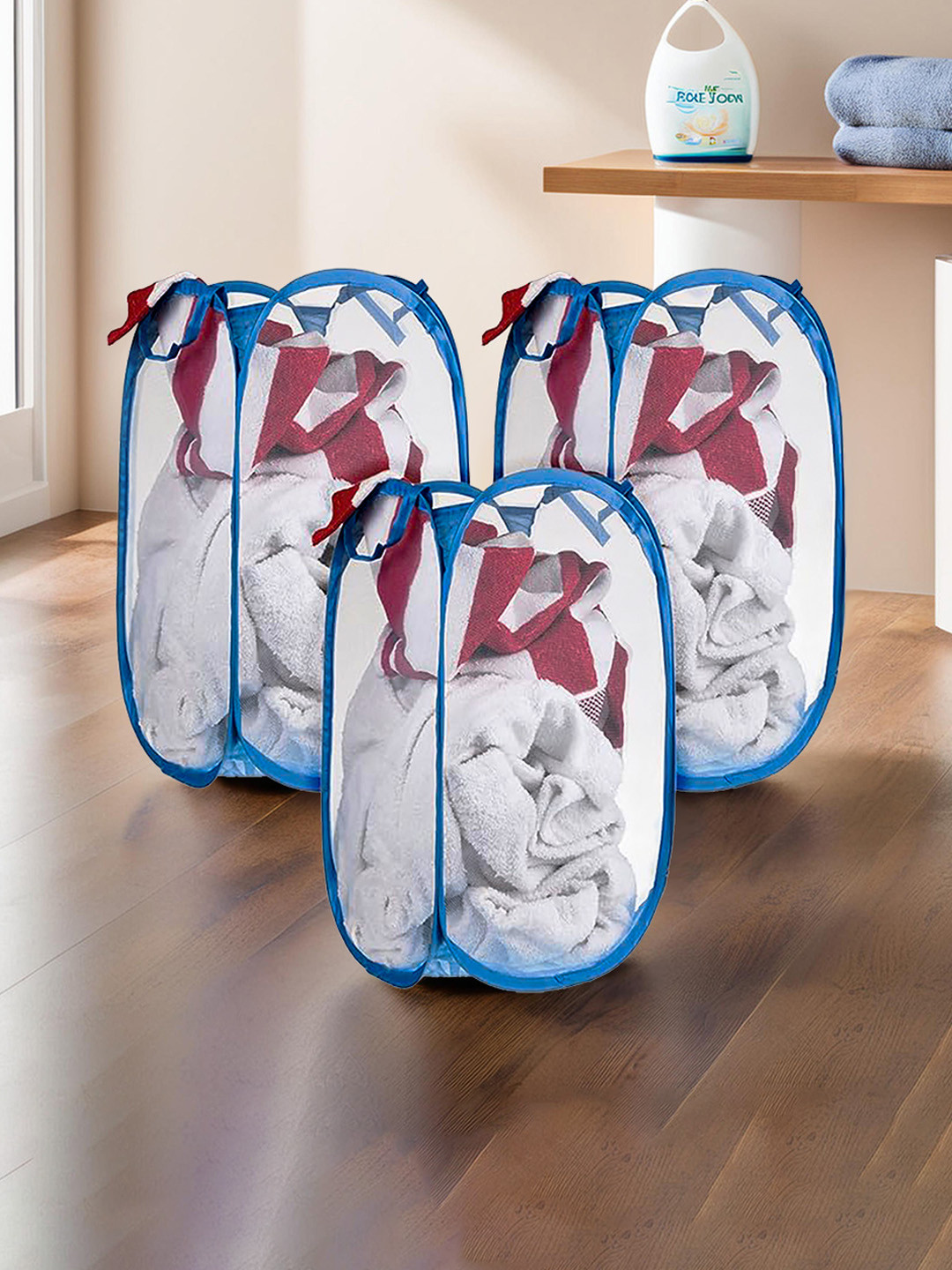 Kuber Industries 3 Pc Light Green Nylon Net  Foldable  Laundry Baskets With Handle