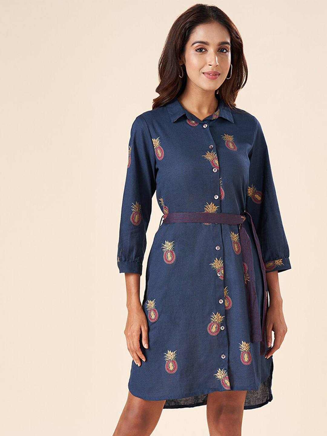 AKKRITI BY PANTALOONS Floral Printed Belt Detailed Shirt Collar Cotton Shirt Style Dress