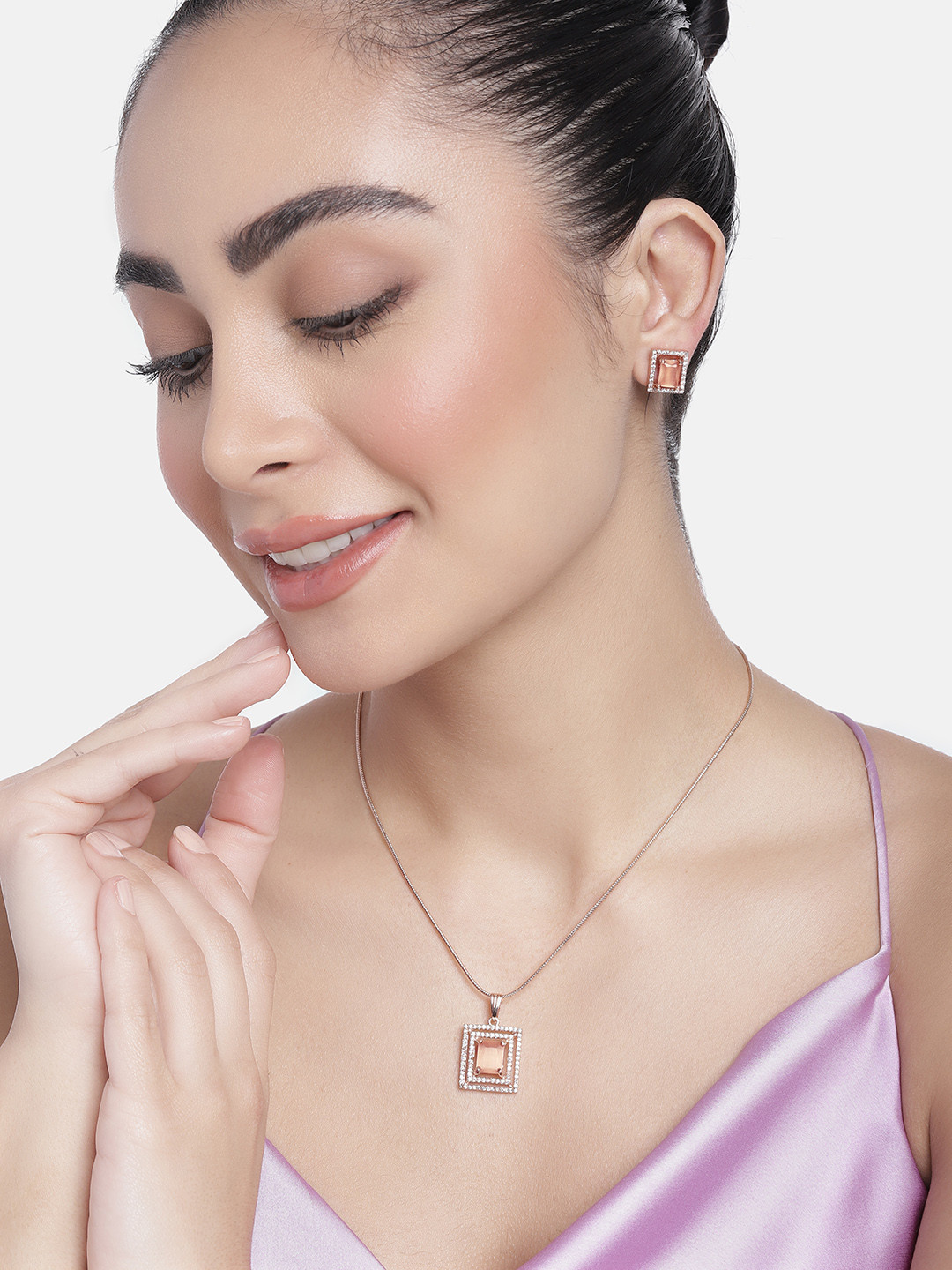 Estele Rose Gold Plated CZ Sparkling Pendant Set with Mint Orange Crystals