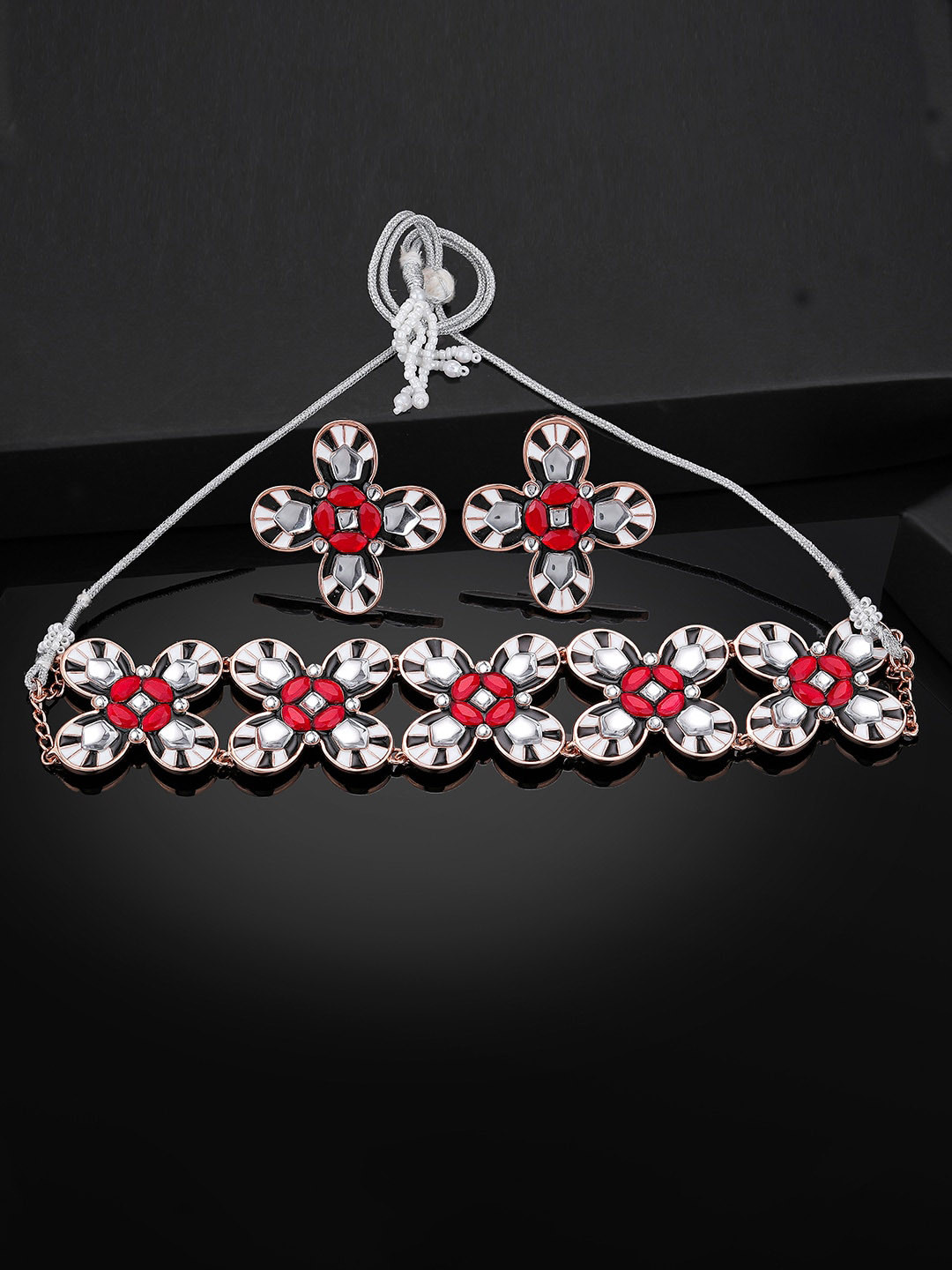 Estele Rose Gold Plated Dusk & Dawn Flower Designer Necklace Set with Crystals