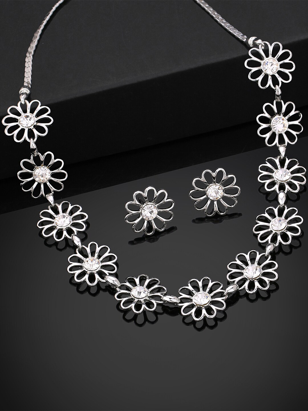 Estele Rhodium Plated Flower Designer Necklace Set with Crystals