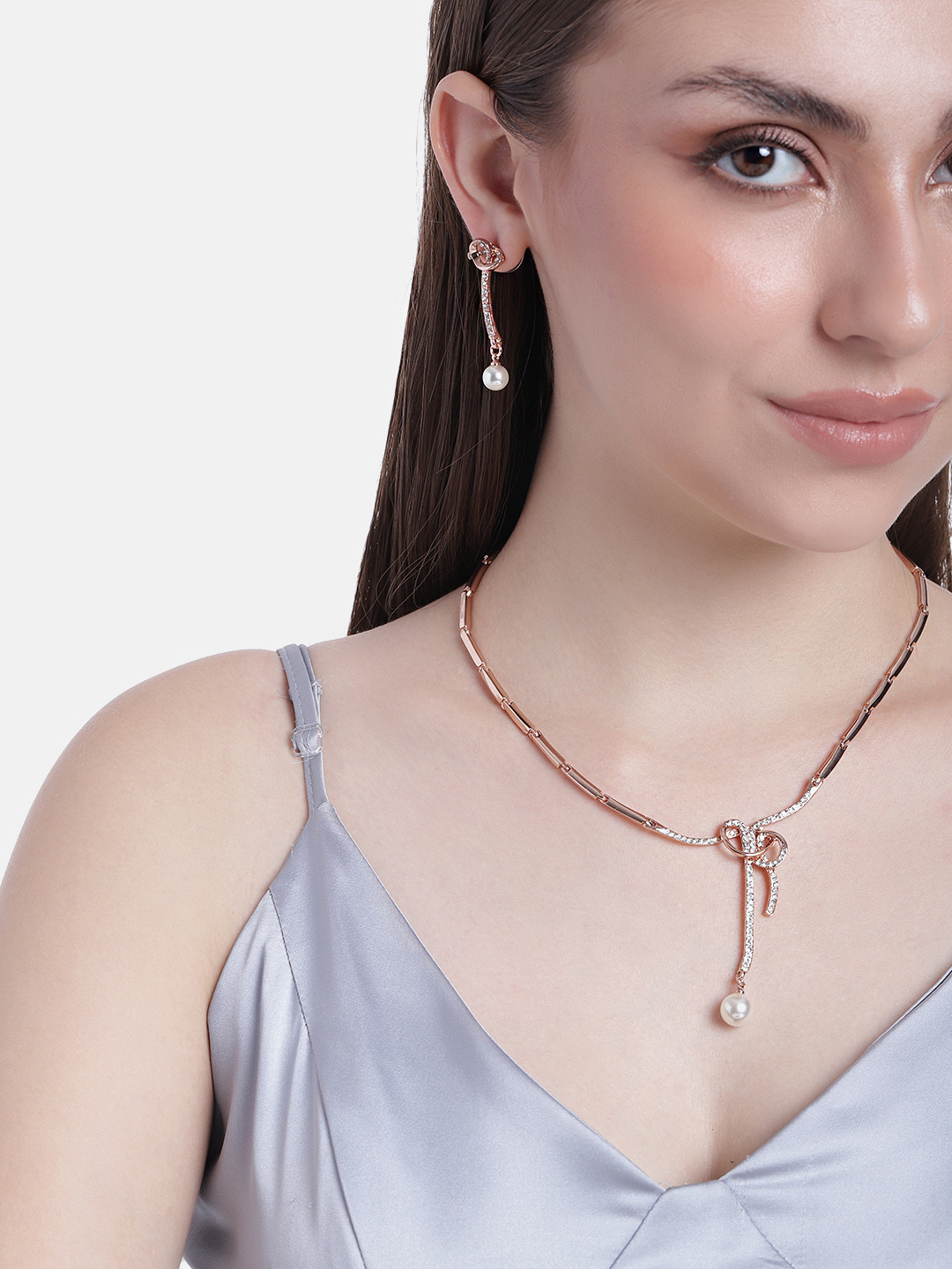 Estele Rose Gold Plated Beautiful Bowline Necklace Set with Crystals for Women