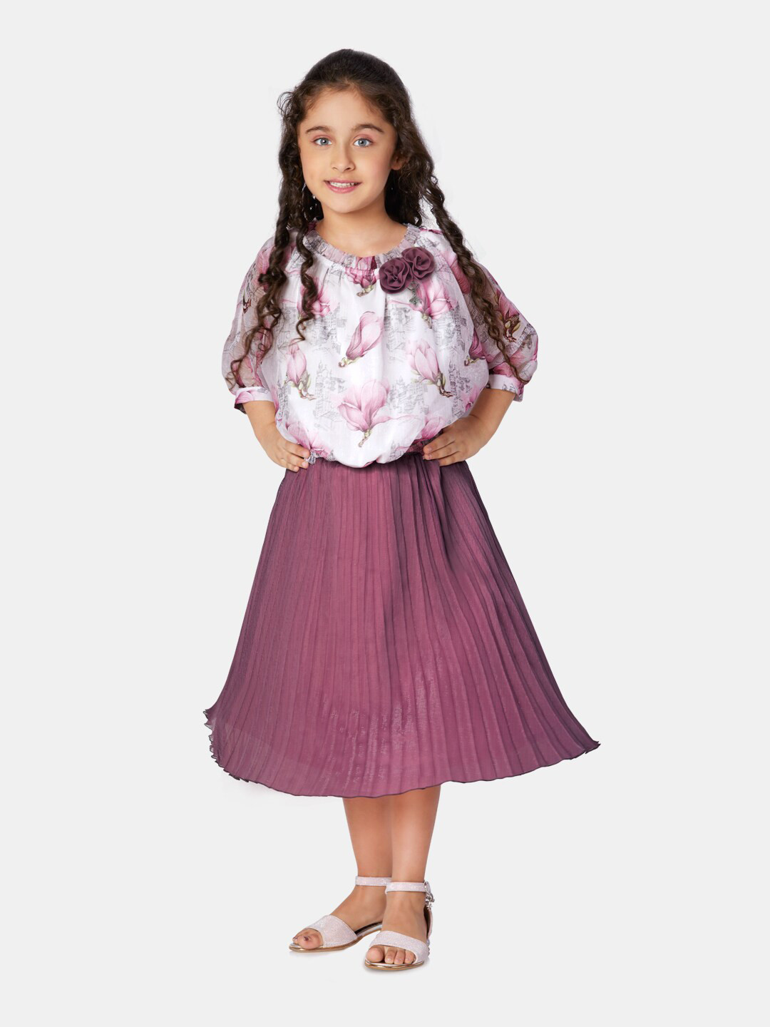Peppermint Girls Floral Printed Round Neck Puff Sleeve Clothing Set