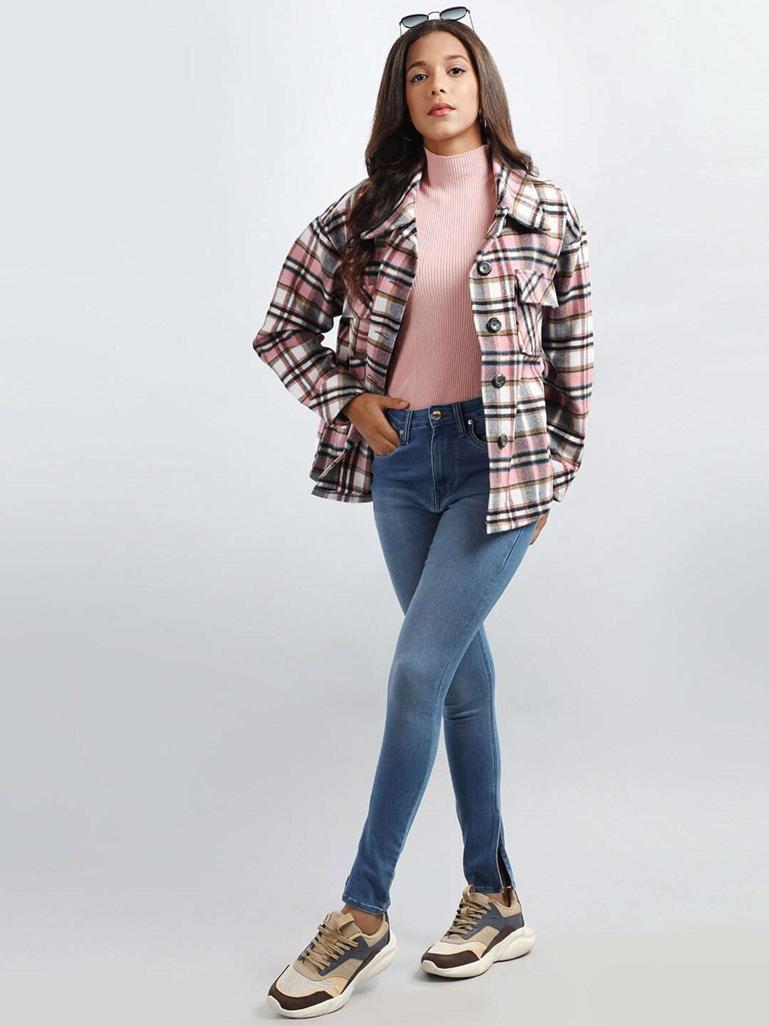 HONNETE Checked Peter Pan Collar Trench Coat