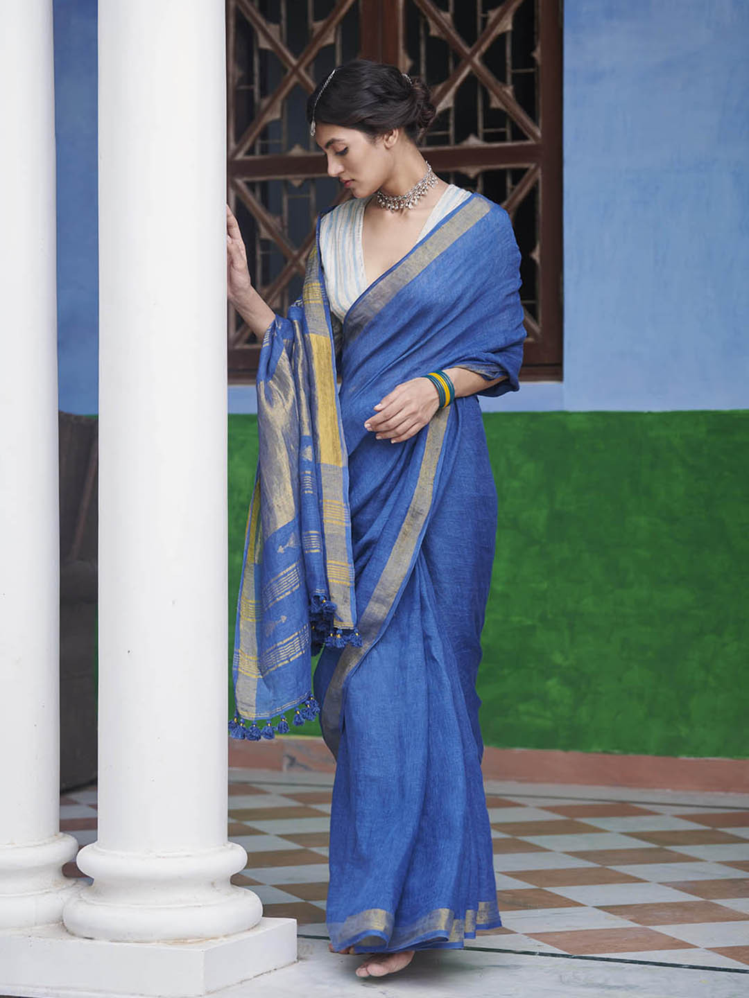 Dressfolk Pure Linen Zari Saree
