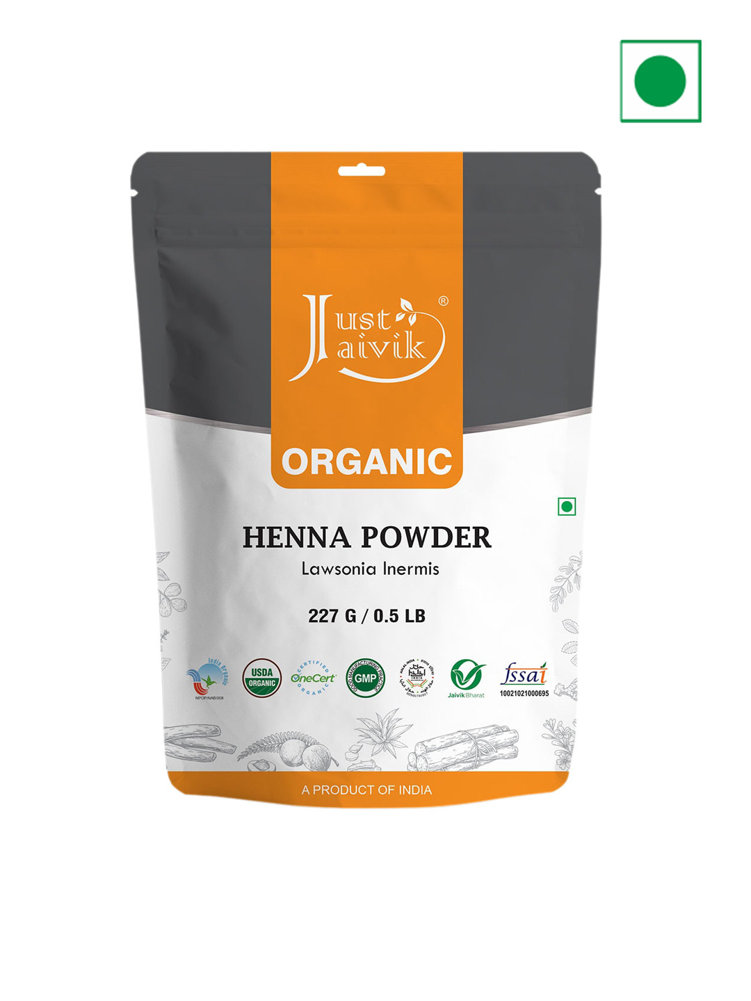Just Jaivik Organic USDA Certified Henna Powder For Hair - 227g