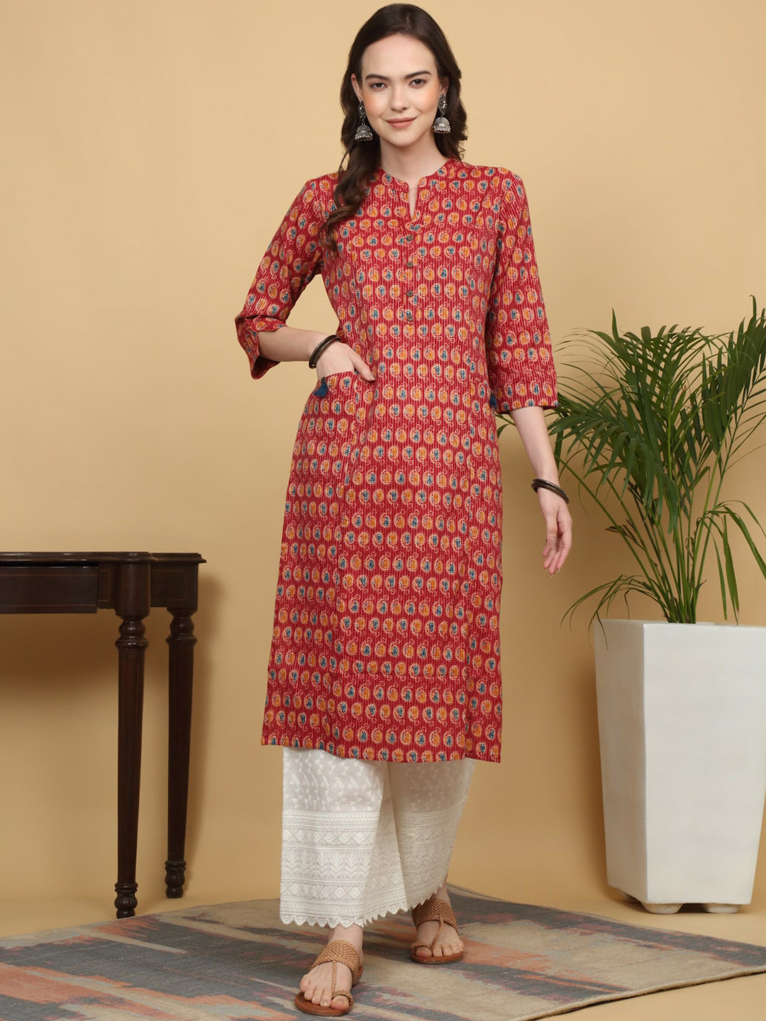 KALINI Ethnic Motifs Printed Mandarin Collar Cotton Straight Kurta