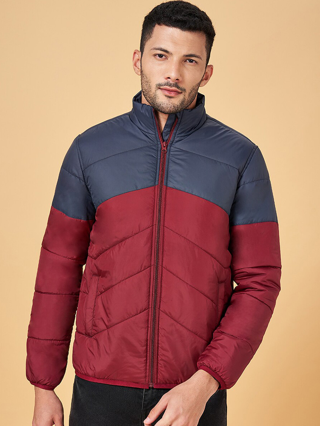 YU by Pantaloons Colurblocked Mock Collar Quilted Jacket With Zip Detail