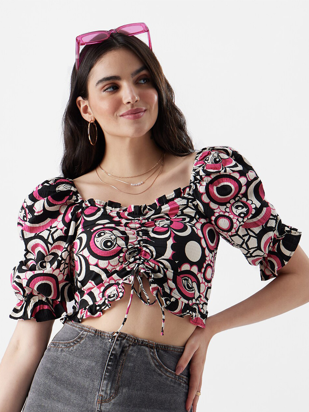 The Souled Store Powerpuff Girl Printed Sweetheart Neck Puff Sleeve Blouson Crop Top