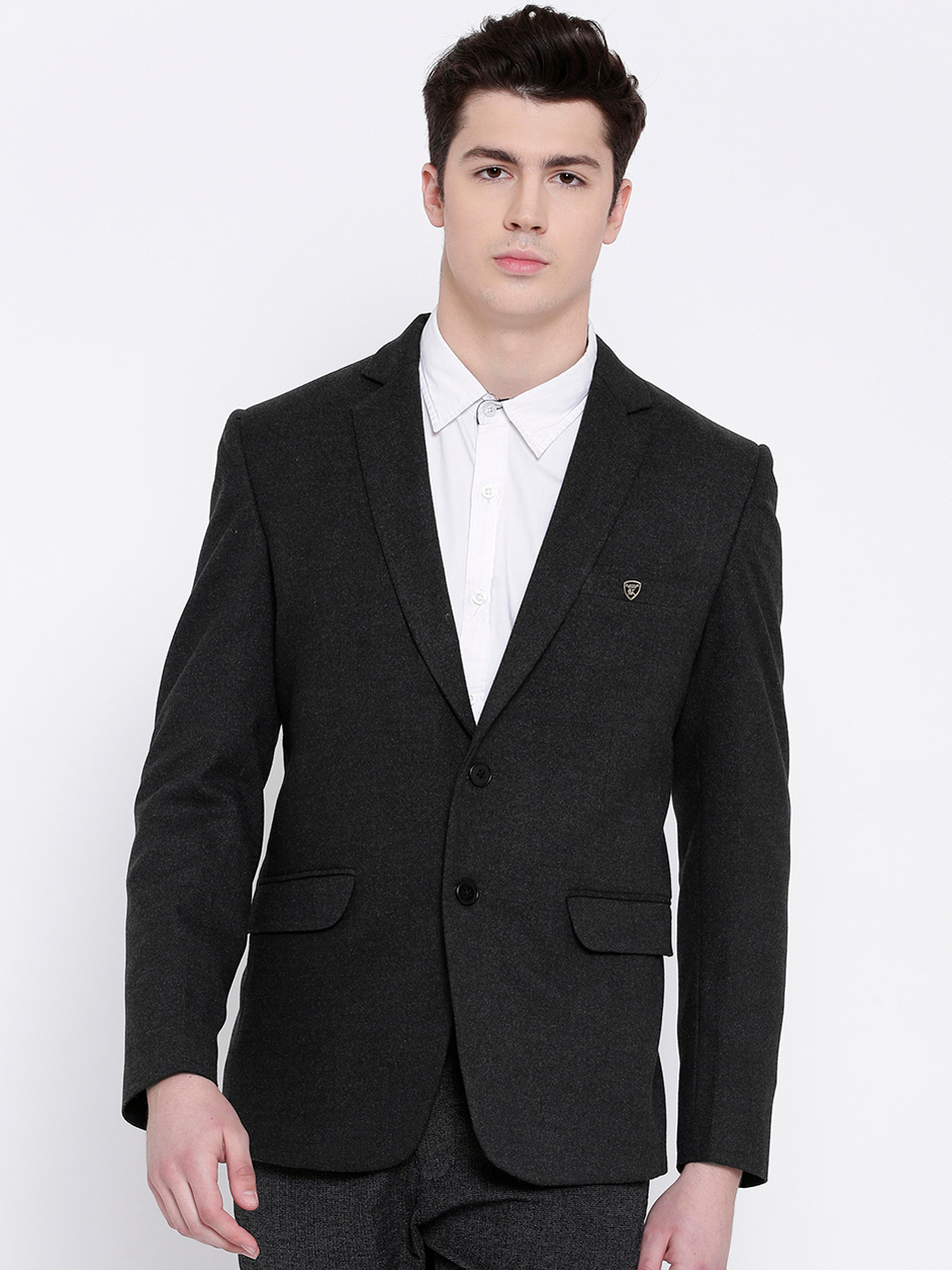 PLATINUM Studio Charcoal Grey Solid Single-Breasted Casual Blazer