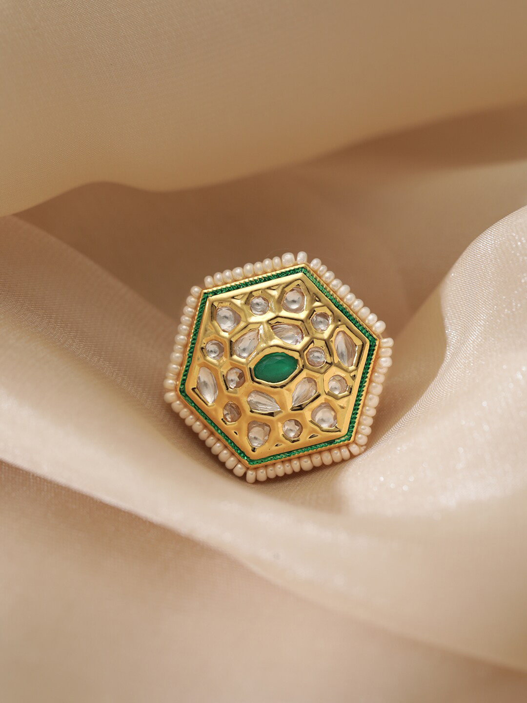Rubans 22k Gold Plated Emerald Green & White Kundan Polki Studded Adjustable Finger Ring