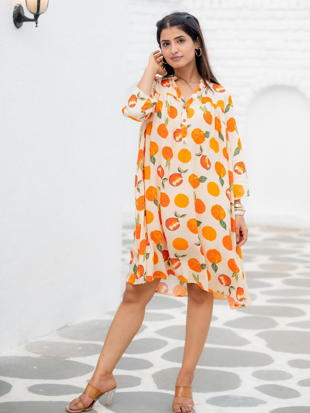 Ambraee Conversational Print V-Neck A-Line Three-quarter sleeve