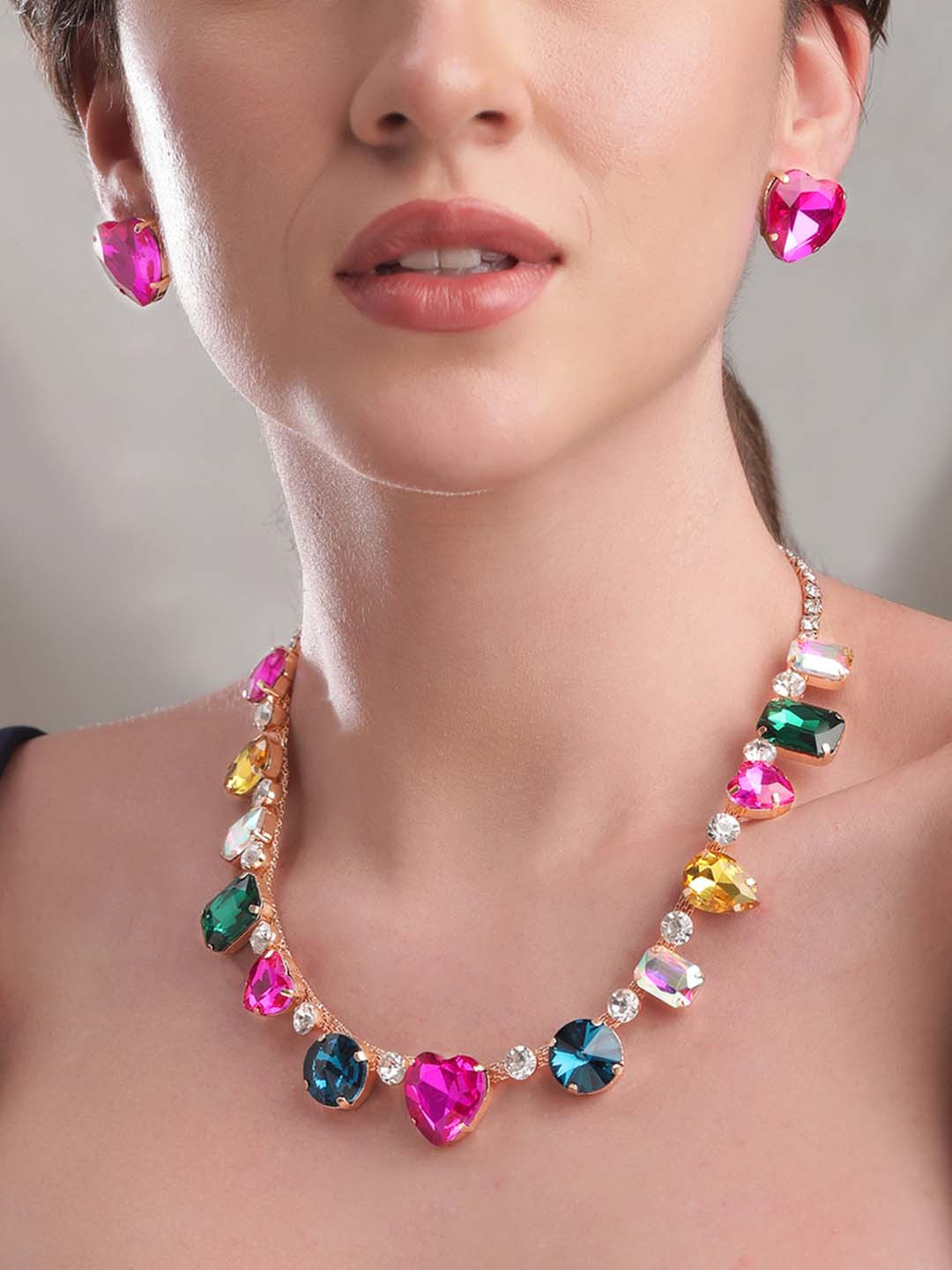 Rubans Gold-Plated Multicolor Gemstone Necklace Set with Heart-Shaped & Emerald-Cut Stone
