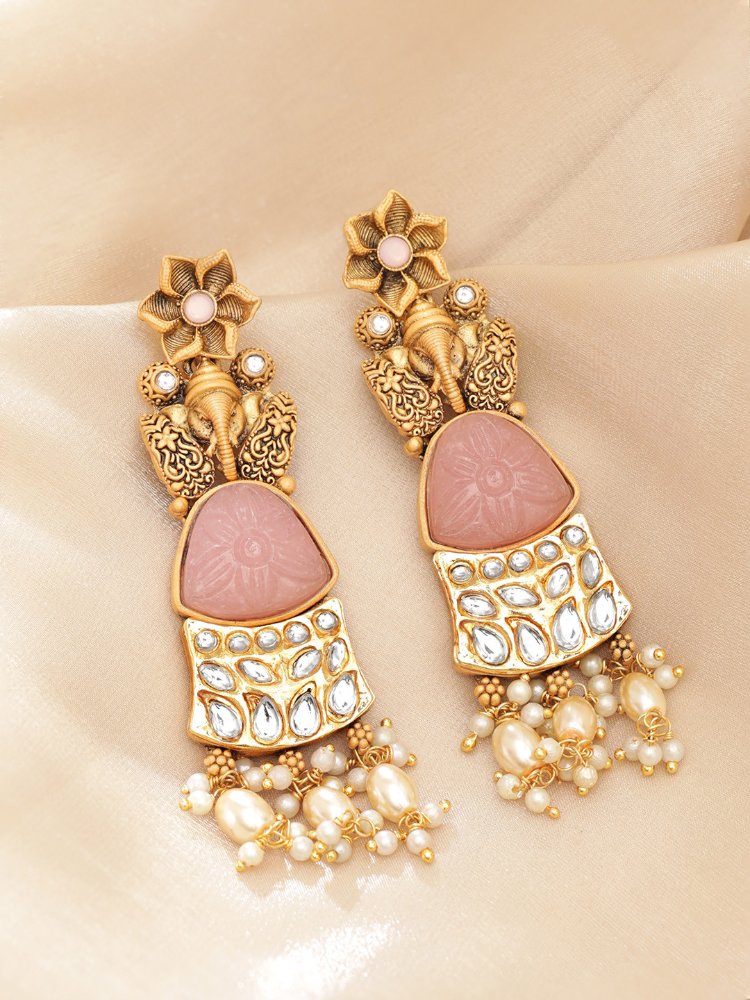 Rubans 18K Gold-Plated Pastel Pink Gemstone & Kundan Studded Ganesh Motif Drop Earrings