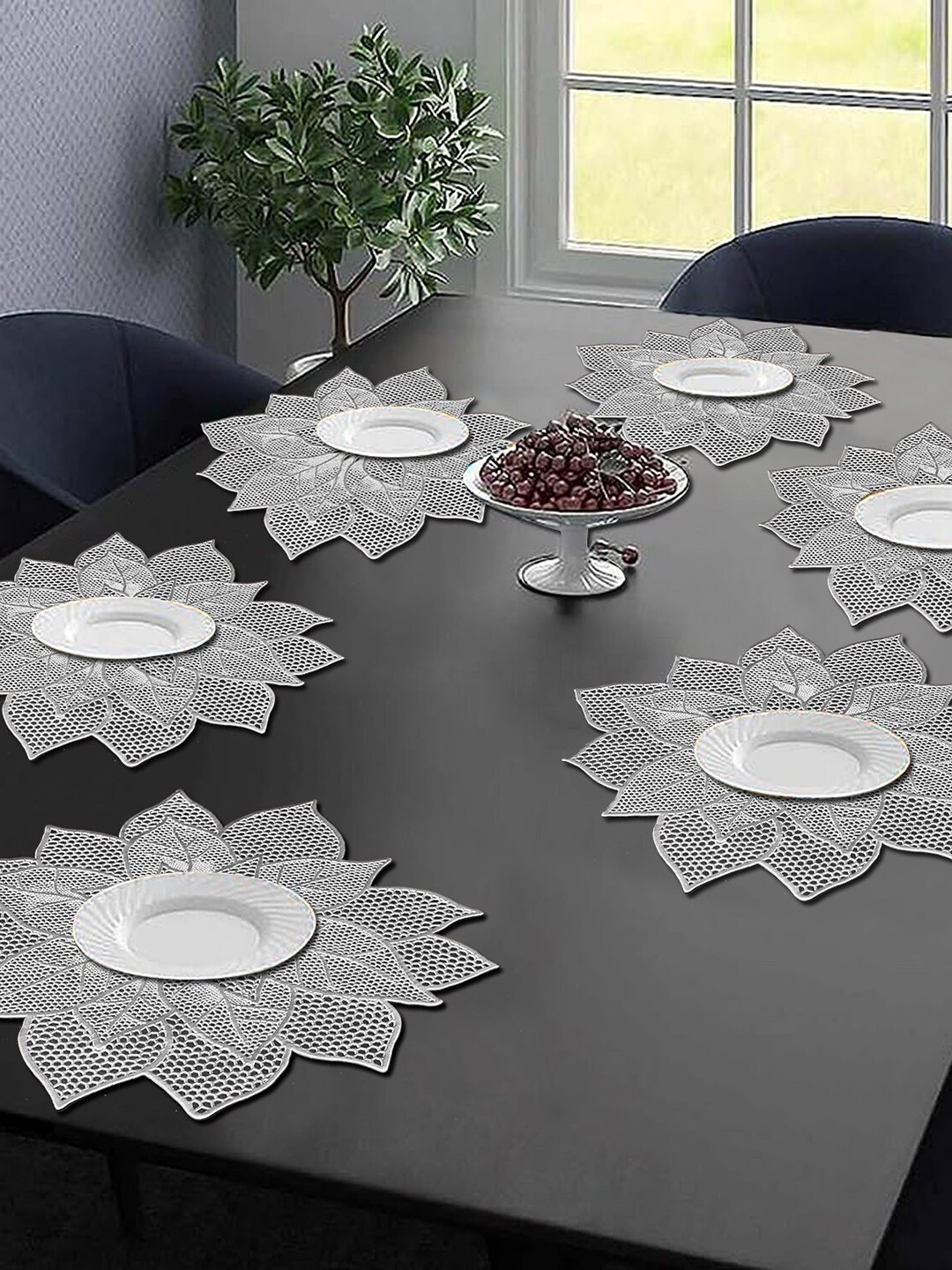 Dakshya Industries Silver-Colored 6-Pieces Textured Sunflower Table Placemats