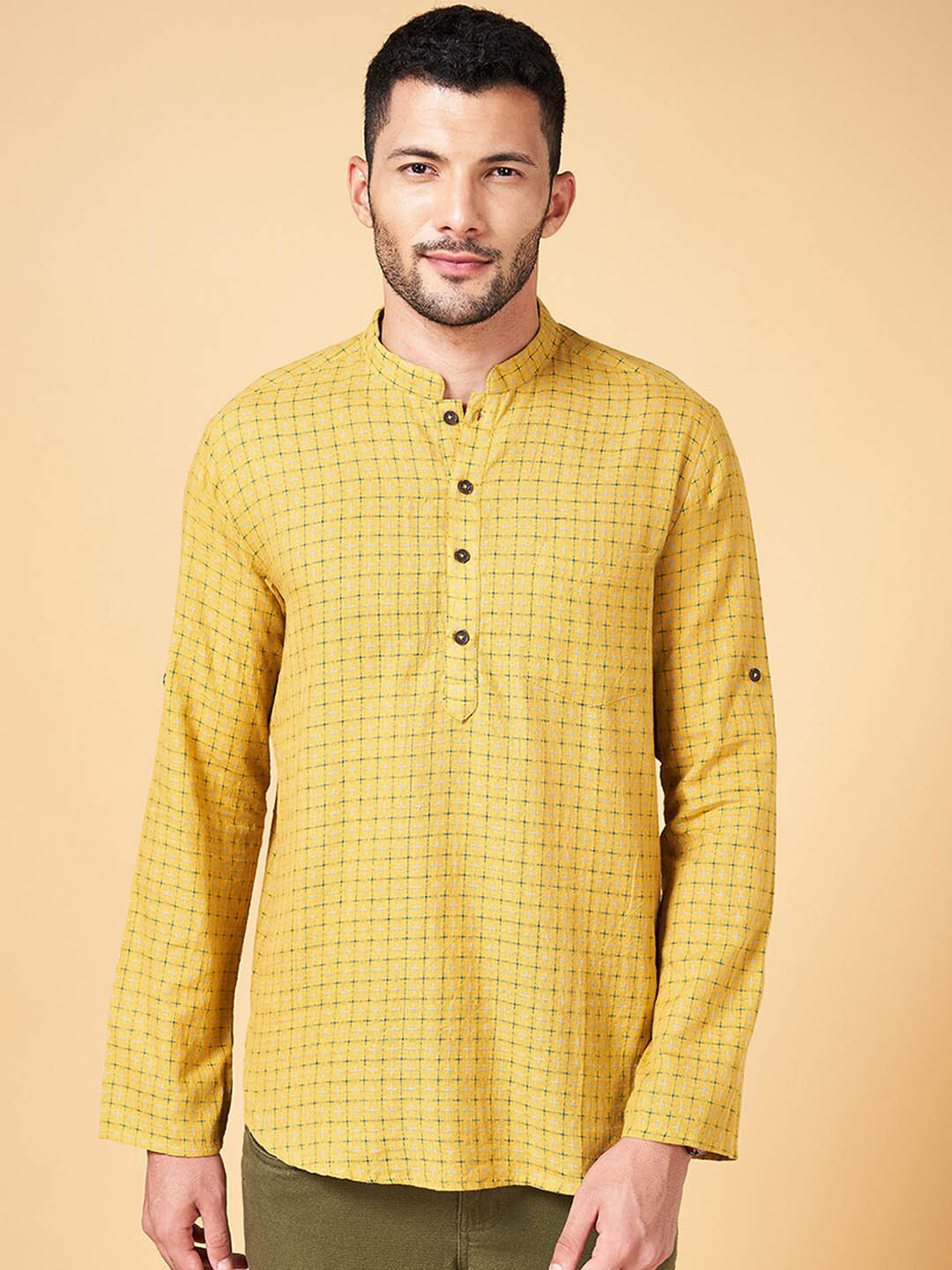 indus route by Pantaloons Checked Printed Mandarin Collar Straight Cotton Kurta