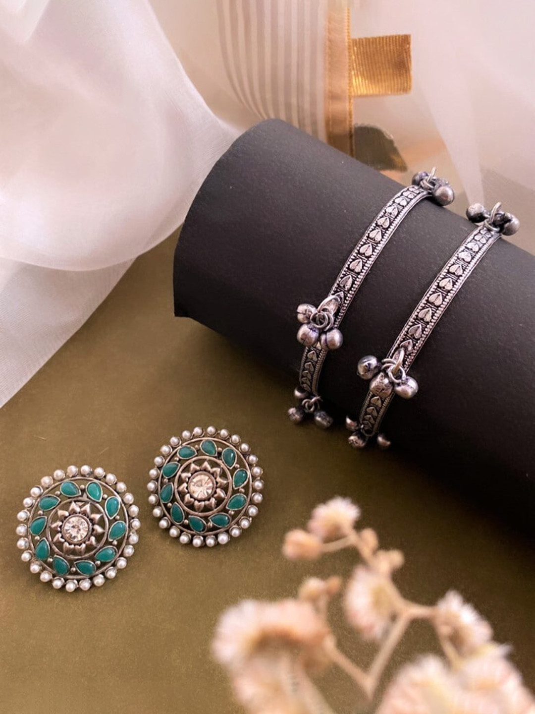 ATIBELLE Set Of 3 German Silver-Plated Stone Studded Floral Shaped Bangles & Earrings
