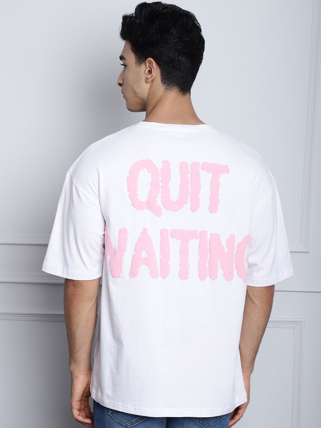 DOOR74 Typography Printed Drop Shoulder Sleeves Cotton Oversized T-shirt