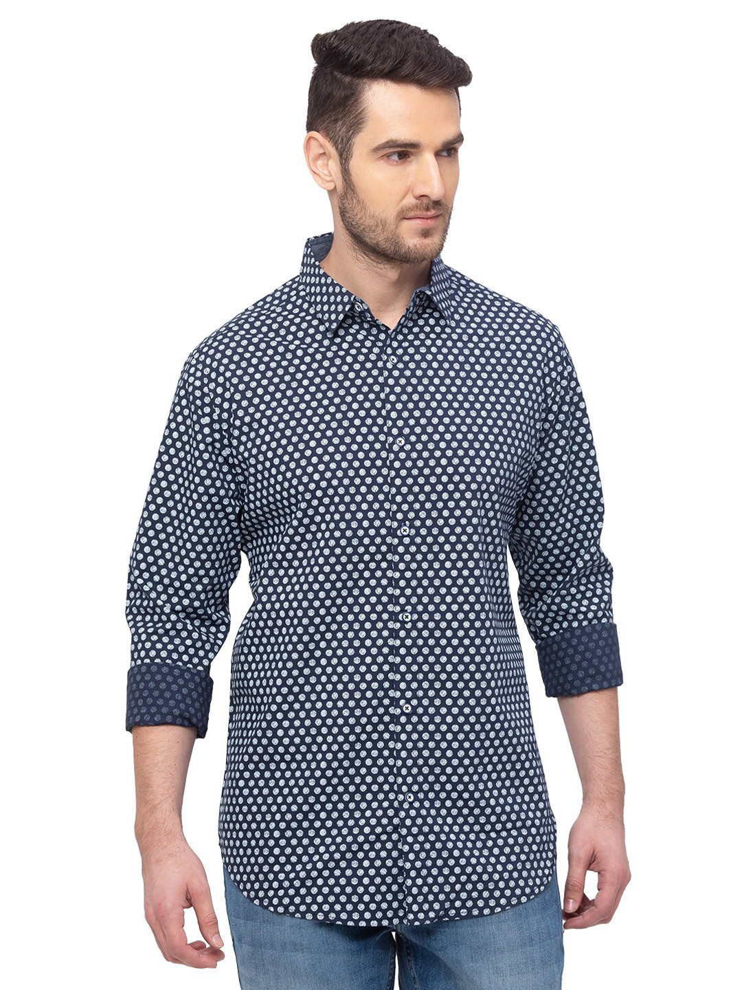 SNX Classic Tailored Fit Polka Dots Printed Pure Cotton Casual Shirt