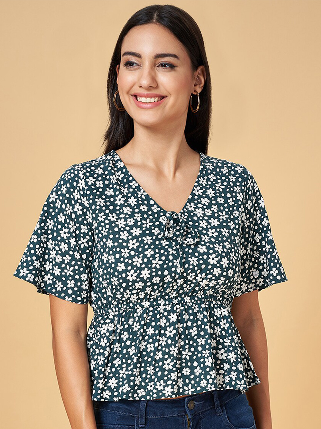 People Floral Printed Cinched Waist Top