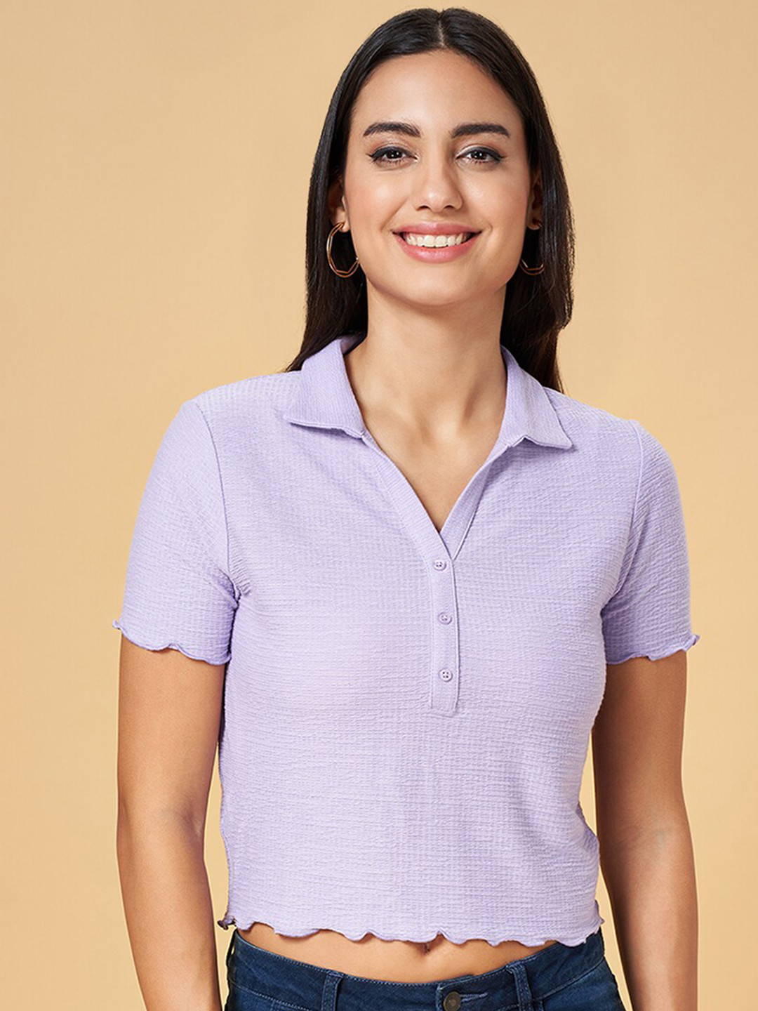 People Textured Shirt Style Crop Top