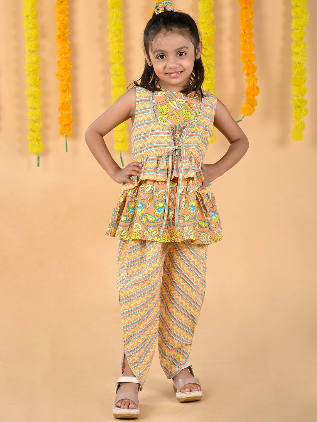 Budding Bees Girls Printed Pure Cotton Tunic & Dhoti Pants With Waistcoat