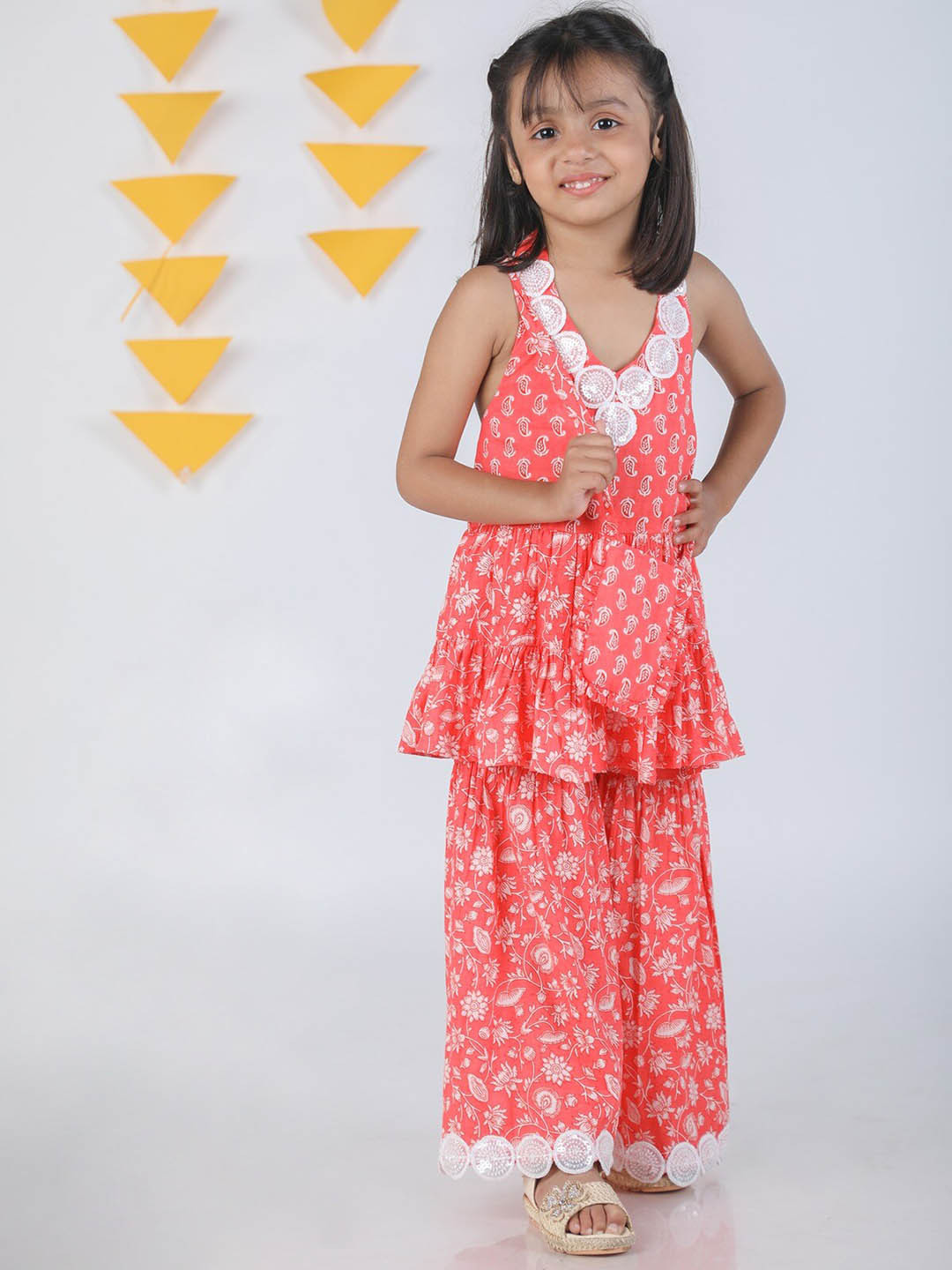 Budding Bees Girls Printed V-Neck Pure Cotton Top with Palazzos