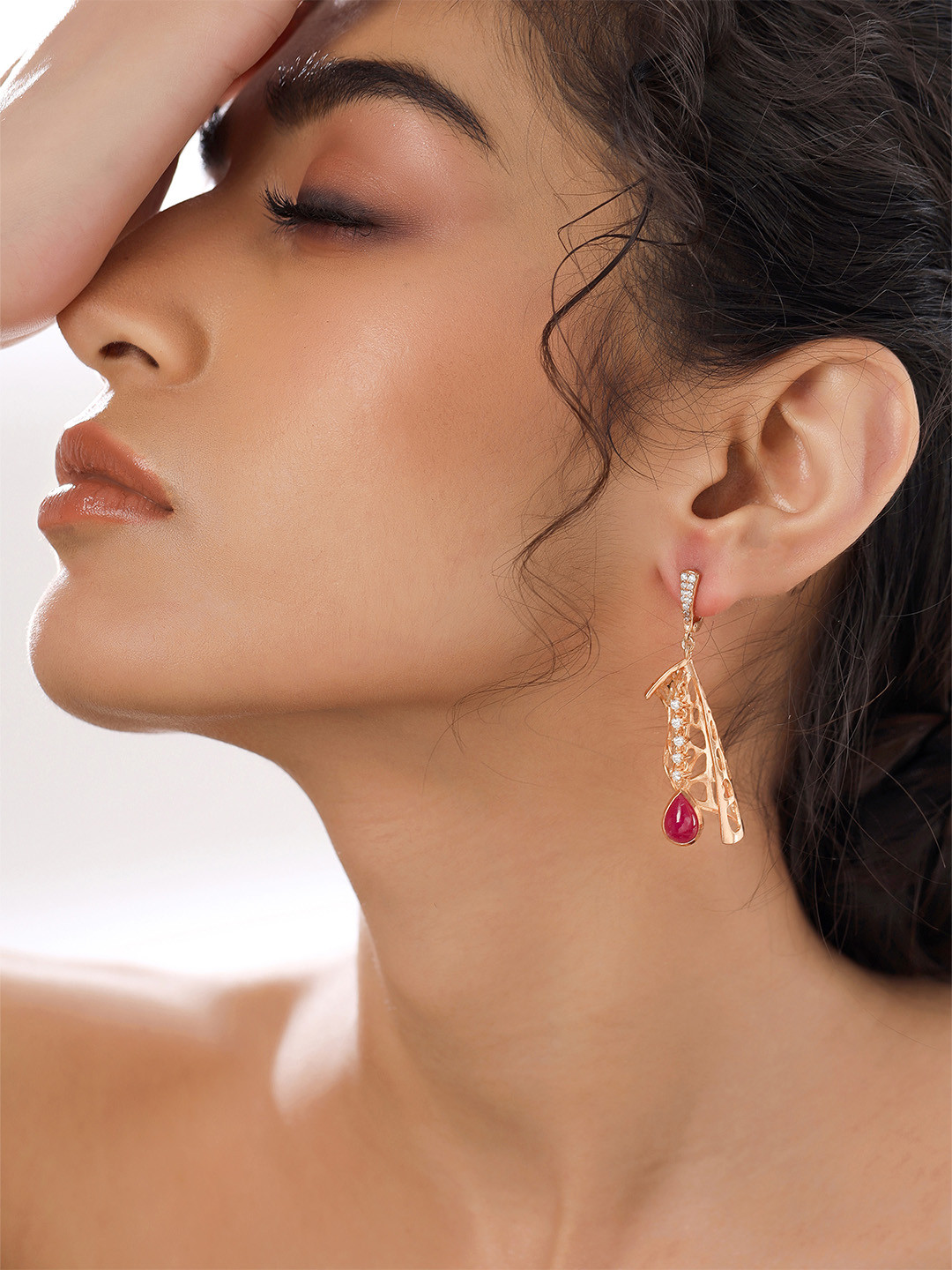 Kicky And Perky 925 Sterling silver Precious Ruby & Mossanite Studded Frill Earrings