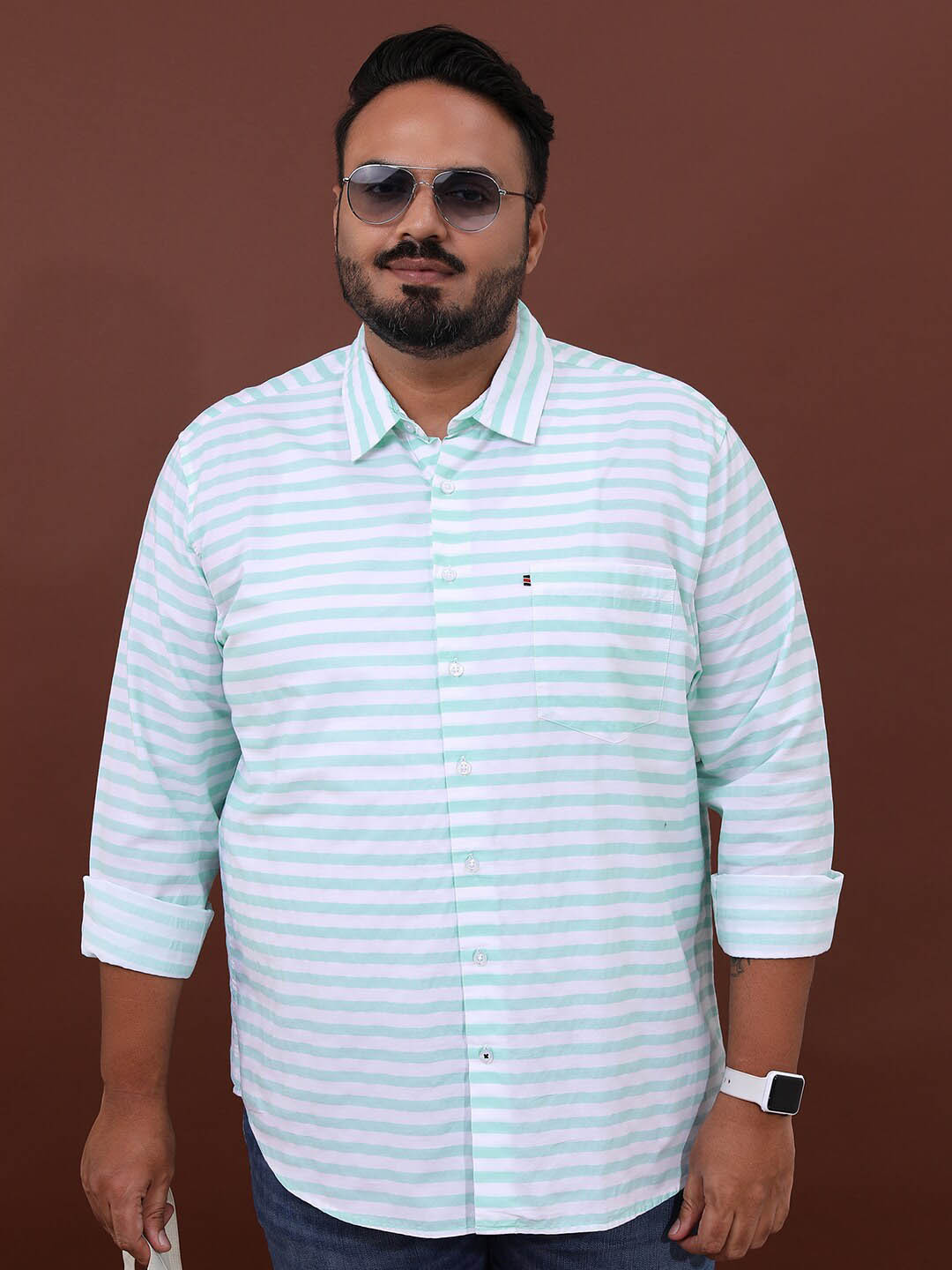 HIGHLANDER Plus Size Horizontal Striped Opaque Cotton Casual Shirt