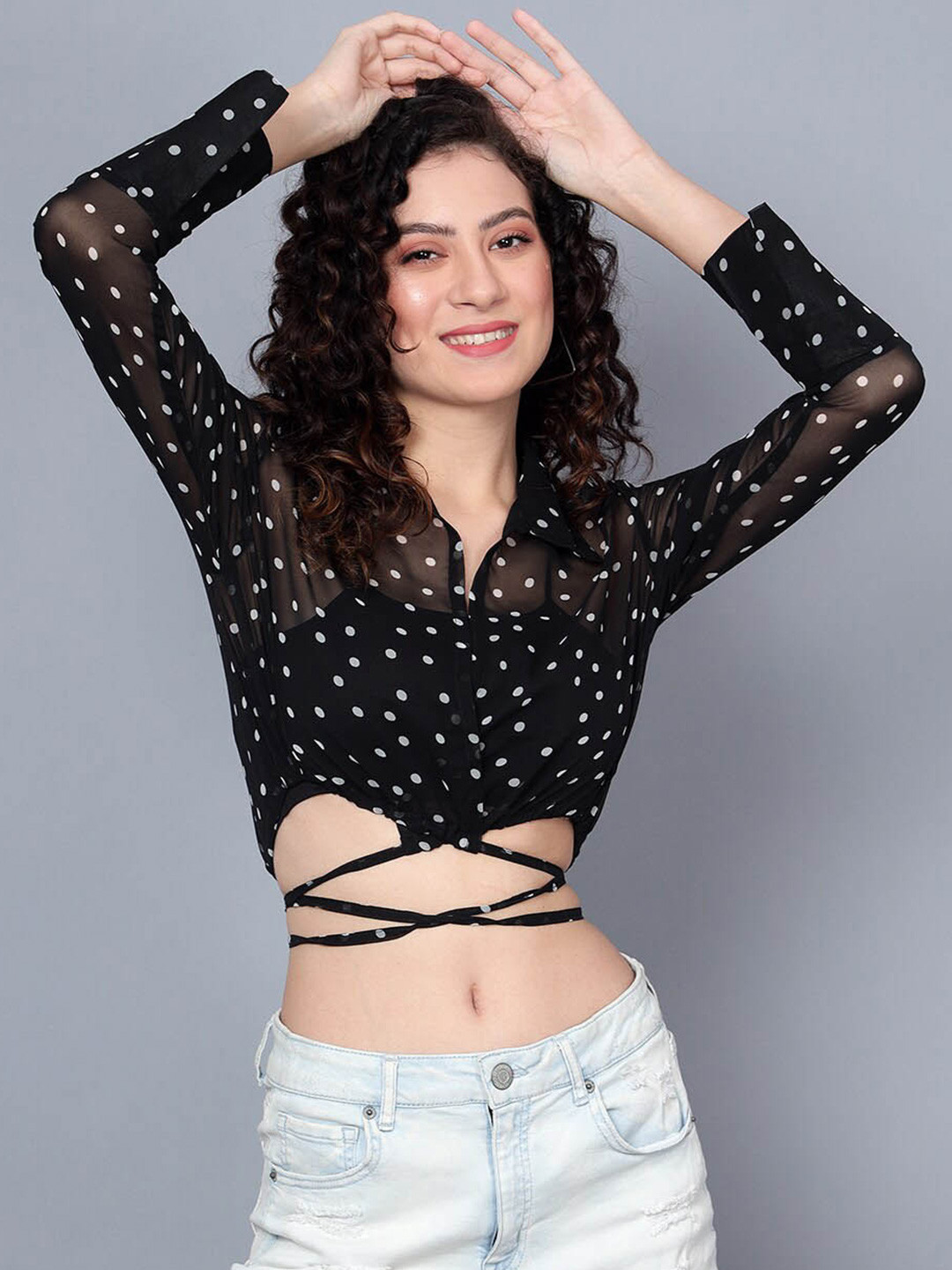 ANVI Be Yourself Boxy Polka Dot Sheer Printed Party Shirt