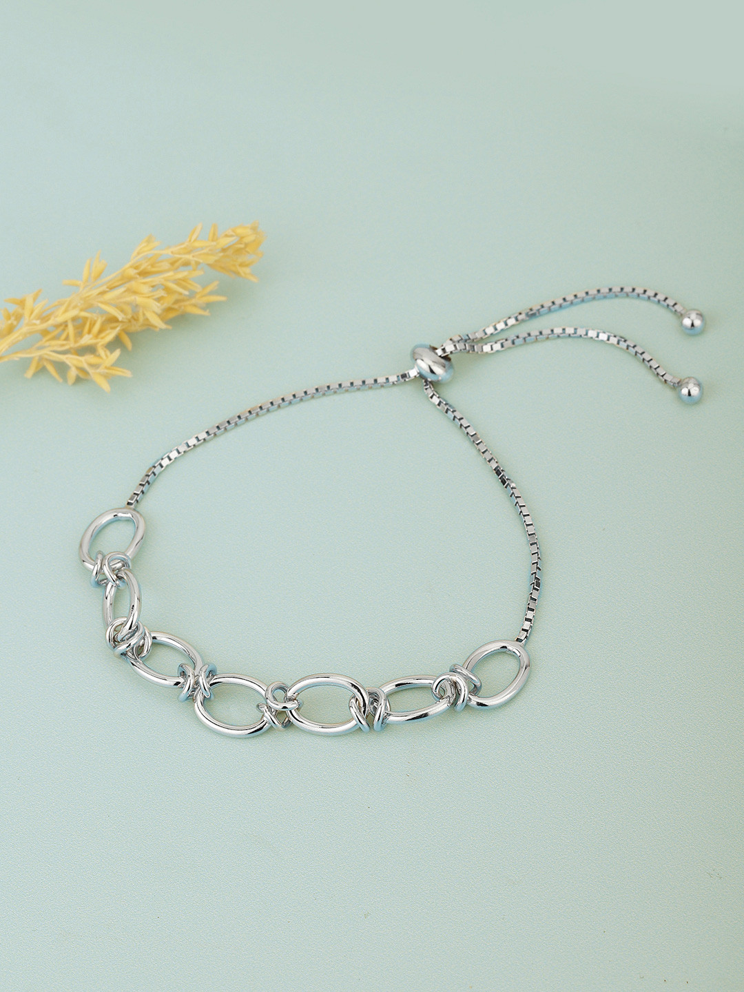 Carlton London 925 Sterling Silver Link Bracelet with Rhodium Plated Adjustable Drawstring