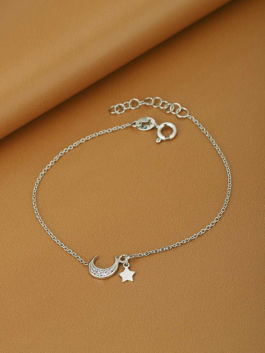 Carlton London 925 Sterling Silver Rhodium Plated Moon & Stars Charm Bracelet Adjustable