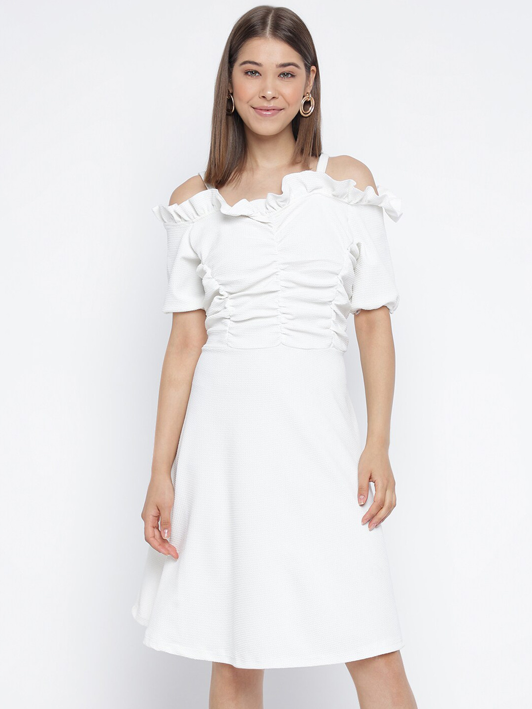 Mayra Self Design Shoulder Straps Cold Shoulder Smocked Sheath Dress