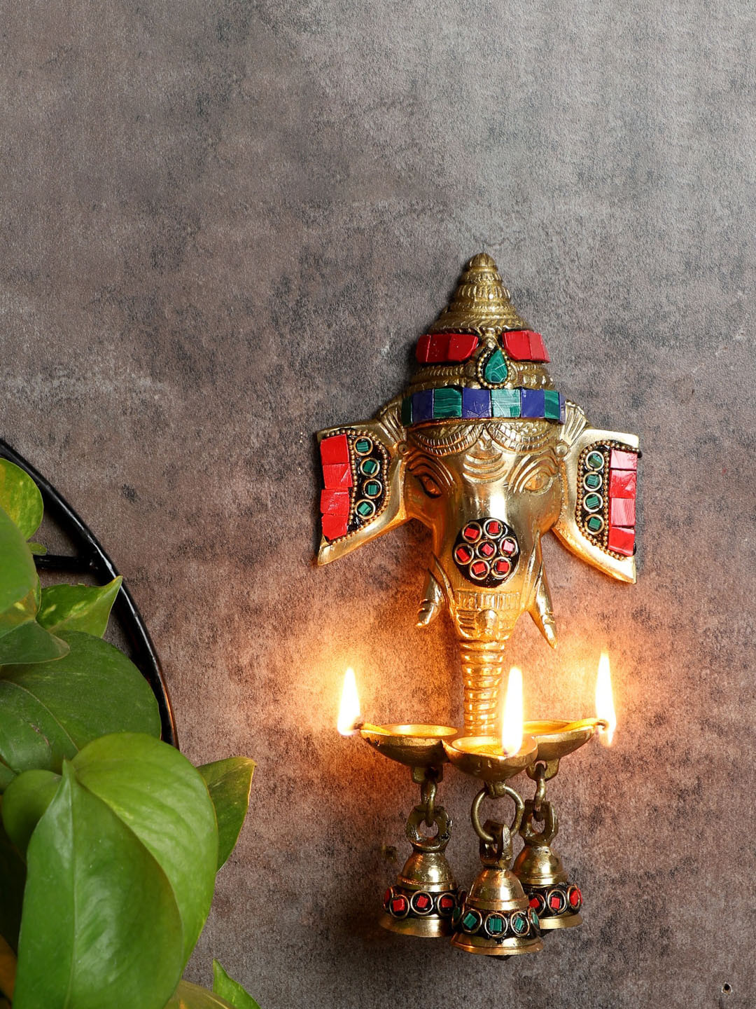 Two Moustaches Gold-toned Ganesha Shaped Wall Hanging Diya