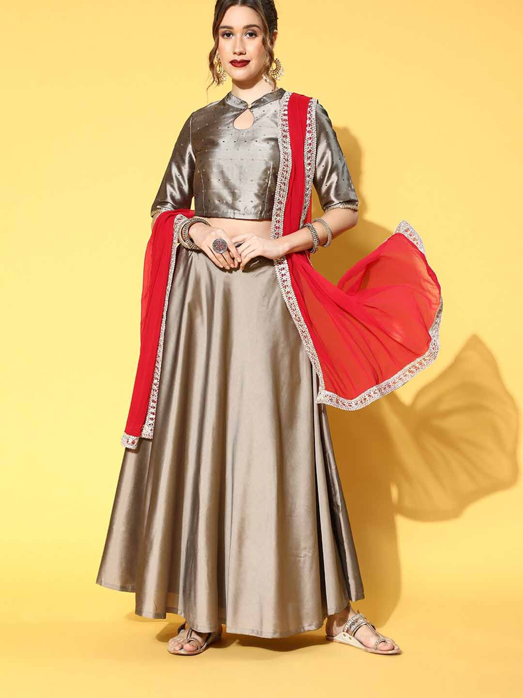 AKS Couture Sequinned Mandarin Collar Ready to Wear Lehenga & Blouse With Dupatta