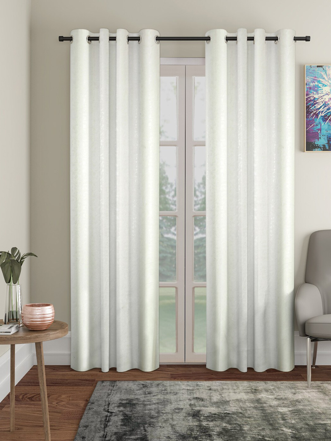 SOKNACK White 2 Pieces Self Design Black Out Door Curtains