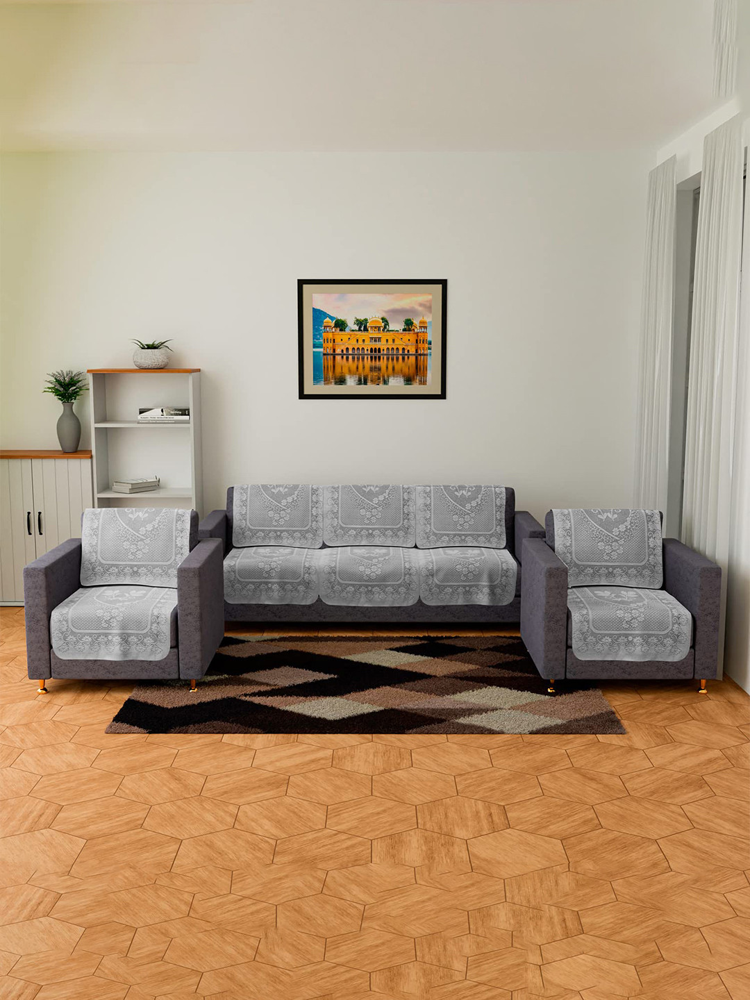 Kuber Industries Set of 6 & White Quilted 5 Seater Sofa Cover Set