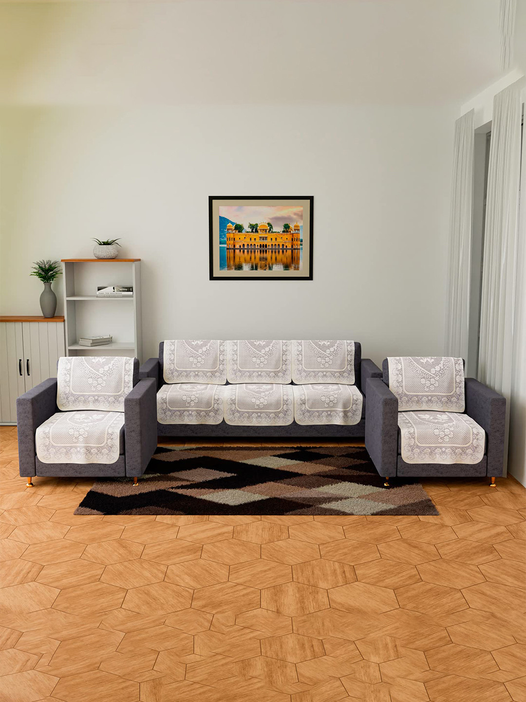 Kuber Industries Set of 6 Maroon & Grey Quilted 5-Seater Sofa Cover Set