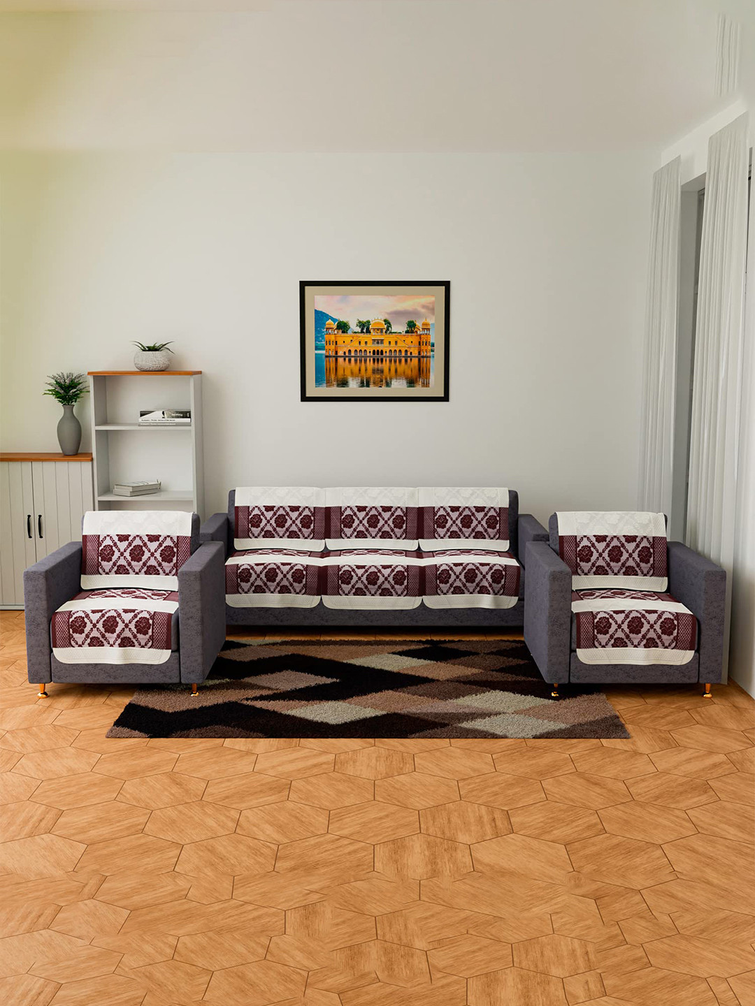 Kuber Industries Set of 6 Maroon & Grey Quilted 5-Seater Sofa Cover Set