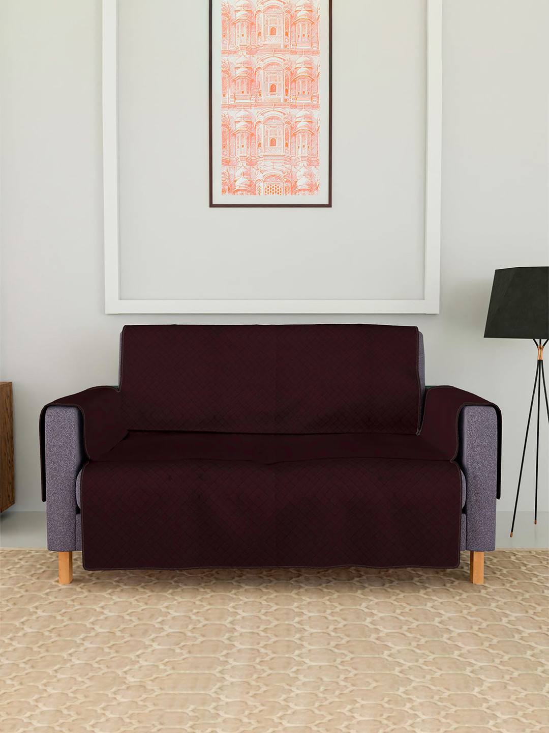 Kuber Industries Maroon Quilted Velvet Single Seater Sofa Cover With Arms