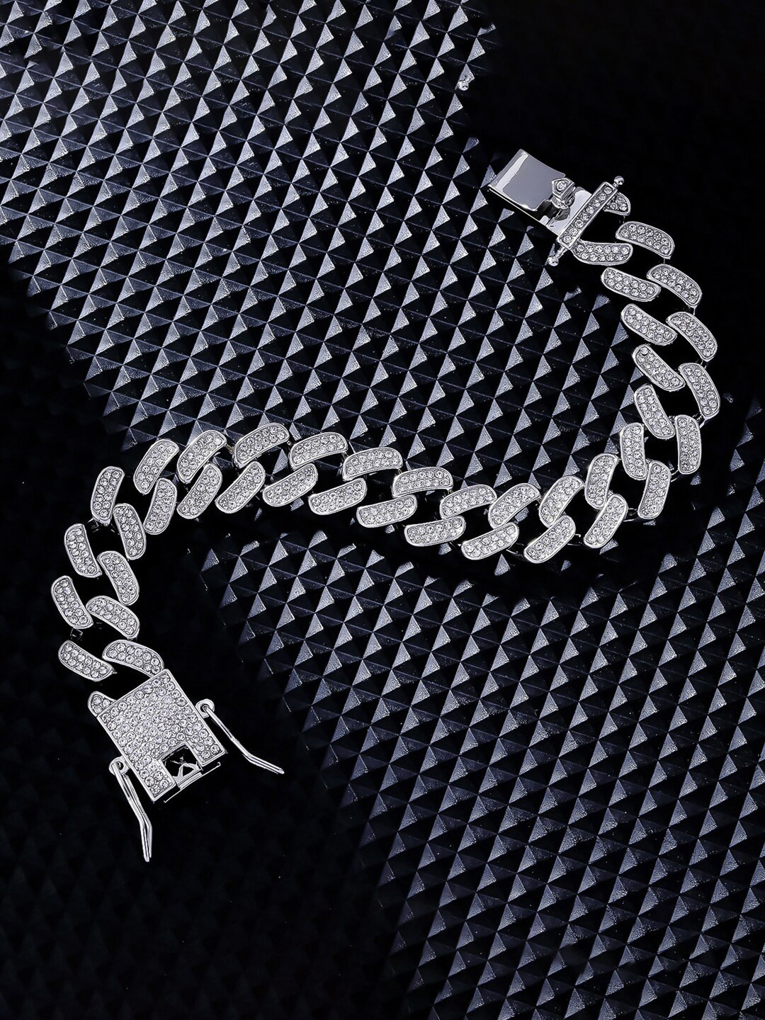 Designs & You Men Stainless Steel American Diamond Silver-Plated Wraparound Bracelet