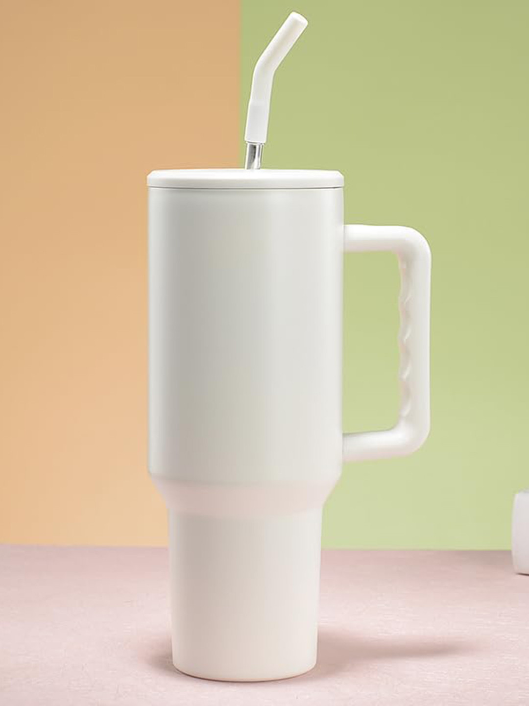 House of Quirk White Travel Coffee Mug with Handle & Straw 1.2 L