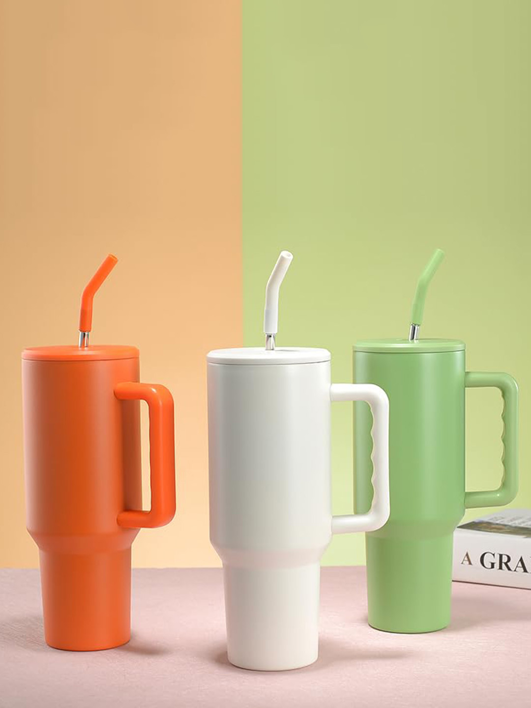 HOUSE OF QUIRK Orange Travel Coffee Mug With Handle & Straw 1.18 L