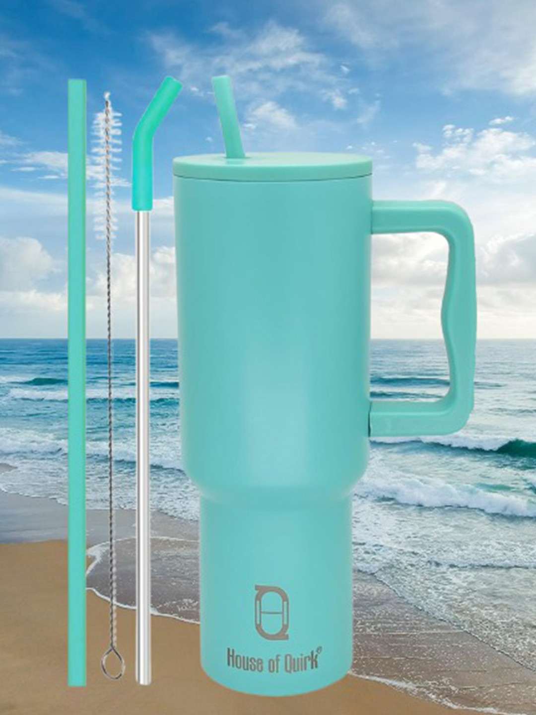 HOUSE OF QUIRK Sea Green Travel Coffee Mug with Handle & Straw 1.2 L